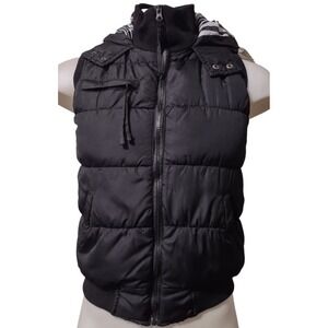 BONGO Puffer Vest Size Junior's Large Fur Lined Hood Black Zebra Striped Inside